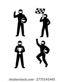 Racing drivers in various poses celebrating victory, holding trophy and checkered flag
