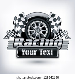Racing emblem, crossed checkered flags, wheel & text on white, vector illustration