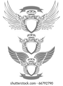 Racing emblem with engine, wings and ribbon