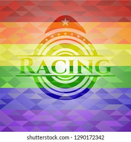 Racing emblem on mosaic background with the colors of the LGBT flag