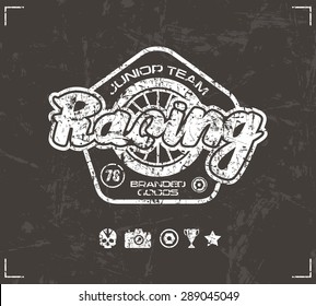 Racing emblem in retro style. Graphic design for t-shirt. White  print on brown background