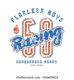 Racing emblem in retro style. Graphic design for t-shirt. Color  print on white background
