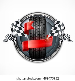 Racing emblem. Rubber wheel. Crossed checkered flags and red ribbon in metallic round on white. Vector illustration