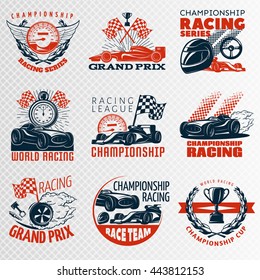 Racing emblem set in color different shapes with descriptions championship racing racing league grand prix vector illustration svg