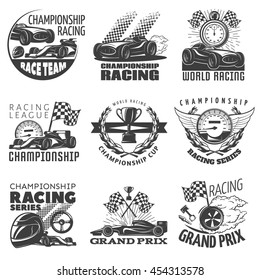 Racing emblem set with descriptions of championship racing world racing grand prix vector illustration svg