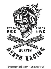 Racing emblem with skull in helmet, typography and springs