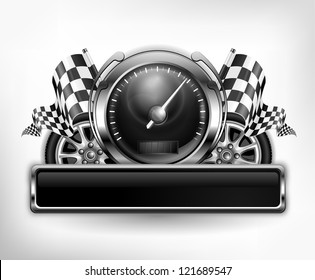 Racing emblem, speedometer, checkered flags and wheels on white, vector illustration