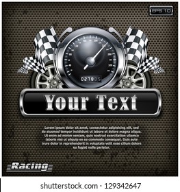 Racing Emblem, Speedometer, Checkered Flags And Wheels On Black, Vector Illustration