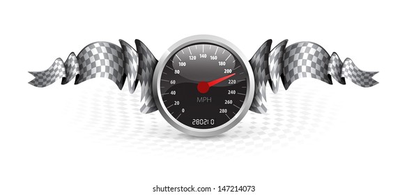 Racing emblem with speedometer and checkered flags. Vector illustration