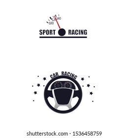 Racing emblem. Steering wheel with speedometer. Vector illustration