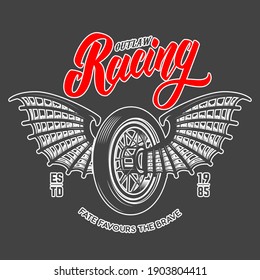 Racing. Emblem template with winged motorcycle wheel. Design element for logo, label, sign, emblem, poster. Vector illustration