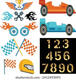 Paquete Pasos de Carrera, Pasos Retro Race Car, Controlado, Pasos de Bandera, Números, Silhouette