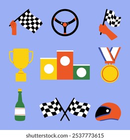 Conjunto de ícones do Racing Essentials. Um conjunto de nove ilustrações com temas de corridas, incluindo bandeiras quadriculadas, troféu, pódio, volante e capacete, capturando símbolos chave no automobilismo