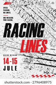 Racing event poster template with tire track grunge texture. Motorsport championship flyer design for race weekend promotion. Vector backround
