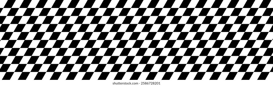 Racing flag background. Seamless black-and-white checkered flag pattern in a diagonal layout. Classic racing theme for motorsport textiles, banners, graphic, designs. Abstract vector illustration.