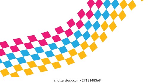 Corrida bandeira fundo onda amarelo, cor-de-rosa e azul. Sinalizador de conclusão. Padrão quadrado colorido