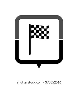 Racing flag - black vector icon; map pointer;  message bubble