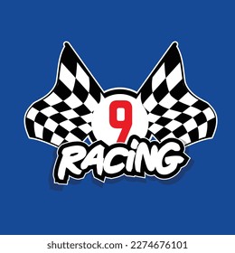 racing flag with black and white checkered pattern with racing inscription and the number nine in red, can be used for workshop logos, racing teams, karts