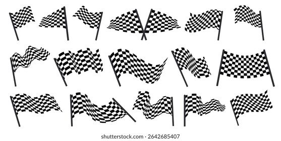 Racing flag. Car race checkered finish signal for cars competition, crossed band wave banner for motorsport rally karting finish check. Vector logo set.