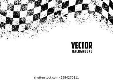 Racing flag grunge background monochrome with curly checkered banner with frayed edges and white copy space vector illustration