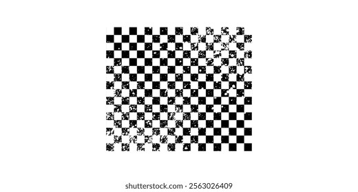 Racing flag grunge design of vector car race sport, auto rally and motocross. Checkered pattern of start and finish motorsport flag, black and white squares old texture with scratches