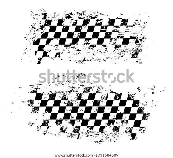 Racing\
flag grunge design of vector car race sport, auto rally and\
motocross. Checkered pattern of start and finish motorsport flag,\
black and white squares old texture with\
scratches