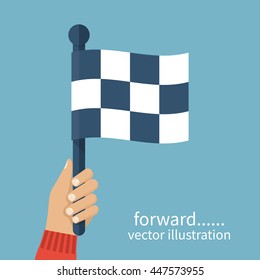 Racing flag in hand umpire. Checkered flag, vector illustration flat design. Sport competitions. Referee signal. Start and finish.