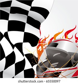racing flag and helmet with flames of fire