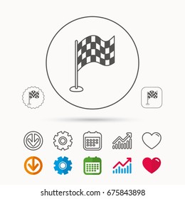 Racing flag icon. Finishing symbol. Calendar, Graph chart and Cogwheel signs. Download and Heart love linear web icons. Vector