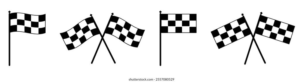 Racing flag icon set. Checkered racing flag. Competition sport flag. Starting flag auto and moto racing. Set start and finish crossed sport racing flags.  Finish. start. moto. 