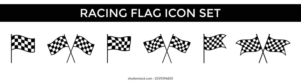 Racing Flag Icon Set with Checkered Flags in Various Styles for Motorsports Graphics, Racing Logos, Vector Designs, Finish Line Illustrations, Car Events, Sports Banners, and Track-Themed Graphics