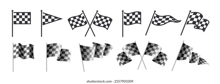 Racing flag icon set. Flat and realistic waving checkered flags for sports competitions, racing and tournaments. Design elements for app. Vector illustration collection isolated on white background