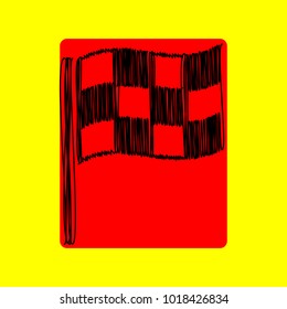 Racing flag icon. Vector. Black scribble icon in red container with rounded corners at yellow background. Isolated.