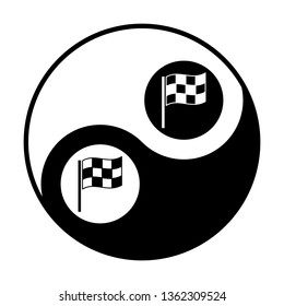 Racing flag icon. Vector. Black and white icon inside circles of yin and yang symbol  at white background.