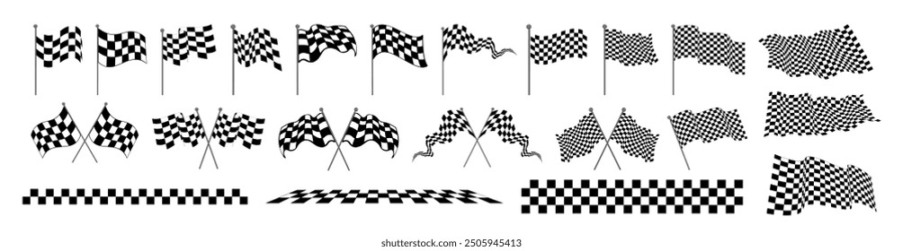 Racing flag icons vector set. Checkered flag for car racing. Set start and finish crossed sport racing flags 