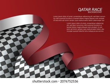 Racing Flag With Qatar Flag Color Ribbon, Vector Illustration