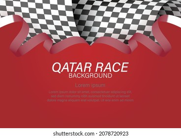 racing flag with Qatar flag color ribbon, Vector Illustration