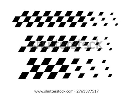 Racing flag set. Diagonal checkered flag pattern in black and white with a fading effect. Classic racing theme for motorsport textiles, banners, graphic, designs. Abstract vector illustration.