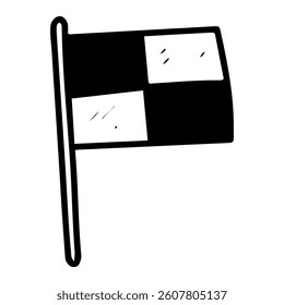 Racing flag start finish. Hand drawn doodle. Sports equipment. Black and white checkered. Waving object. Vector line art illustration.