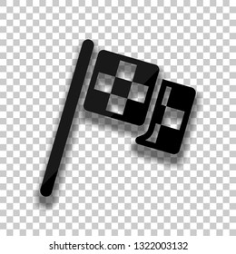 Racing flag, start or finish, icon. Black glass icon with soft shadow on transparent background
