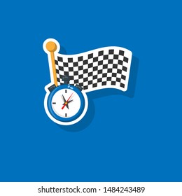 racing flag and stopwatch.cartoon style. isolated on blue background.vector illustration.sticker with contour in comics style 