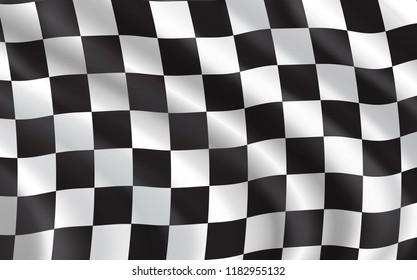 Racing Flag Waving In The Wind, 3d Illustration Background. Car Race Sport, Auto And Motorcycle Speed Competition. Back And White Checkered Pattern, Rally And Motocross, Start And Finish Idea