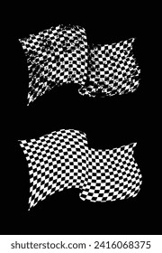Bandera de carreras blanca sobre fondo negro. Diseño elegante. Signo de inicio y fin de la manifestación. Scratches sobre la bandera de los deportes de motor a cuadros,