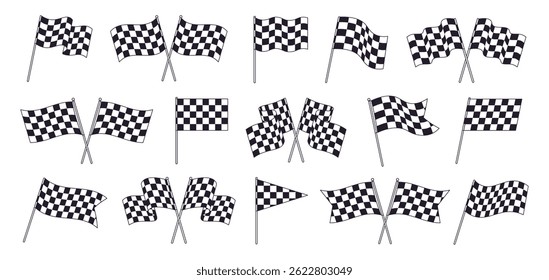 Racing flags. Checkered black white flag, start finish symbols. Rally race elements, motorsport, car competition. Isolated motion racy vector collection
