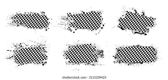 Racing flags set in dirty grunge style with splashes. Collection Racing flags for car race sport, auto rally and motocross, off-road, drift competitions. Vector checkered pattern squares old texture