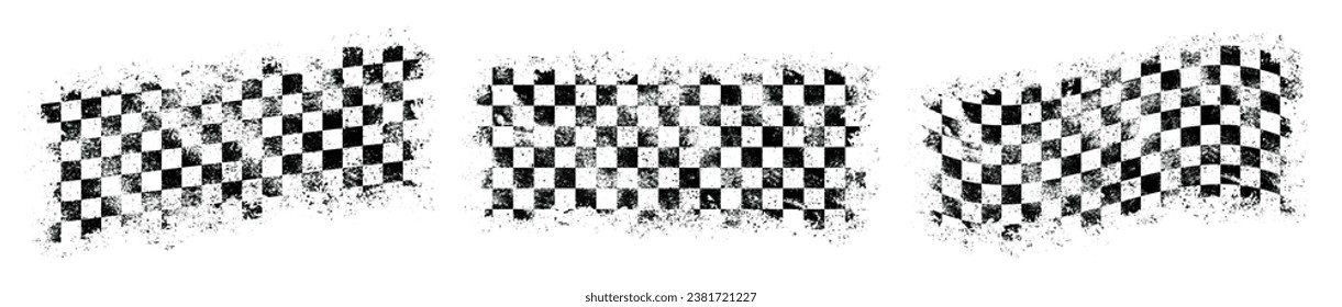 Banderas de carreras marcan los rostros monocromos con banners a cuadros en diferentes posiciones para decorar la publicidad de la ilustración vectorial del torneo de coches