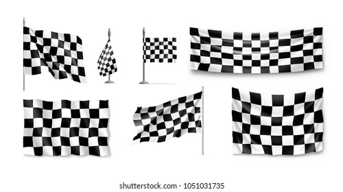 Racing flags set realistic. Collection of standards for marking start and finish. Vector illustration