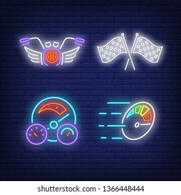 Racing flags, speedometers and motorcycle neon signs set. Car racing, entertainment and sport design. Night bright neon sign, colorful billboard, light banner. Vector illustration in neon style.