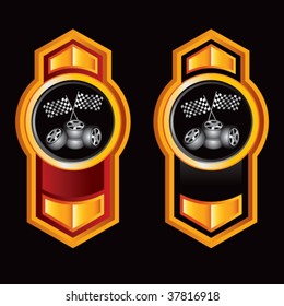 racing flags and tires on royal crest