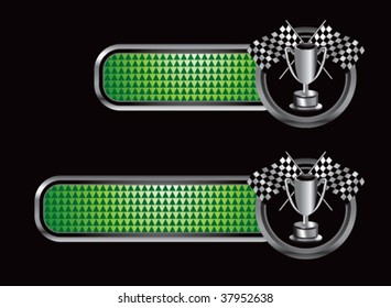 racing flags and trophy on diamond textured banners